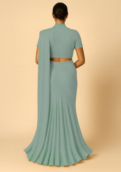 Light Blue Jacquard Knit Pre Draped Saree Set