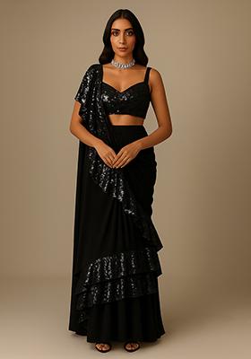 Grey Embellished Net Pre Draped Saree Set