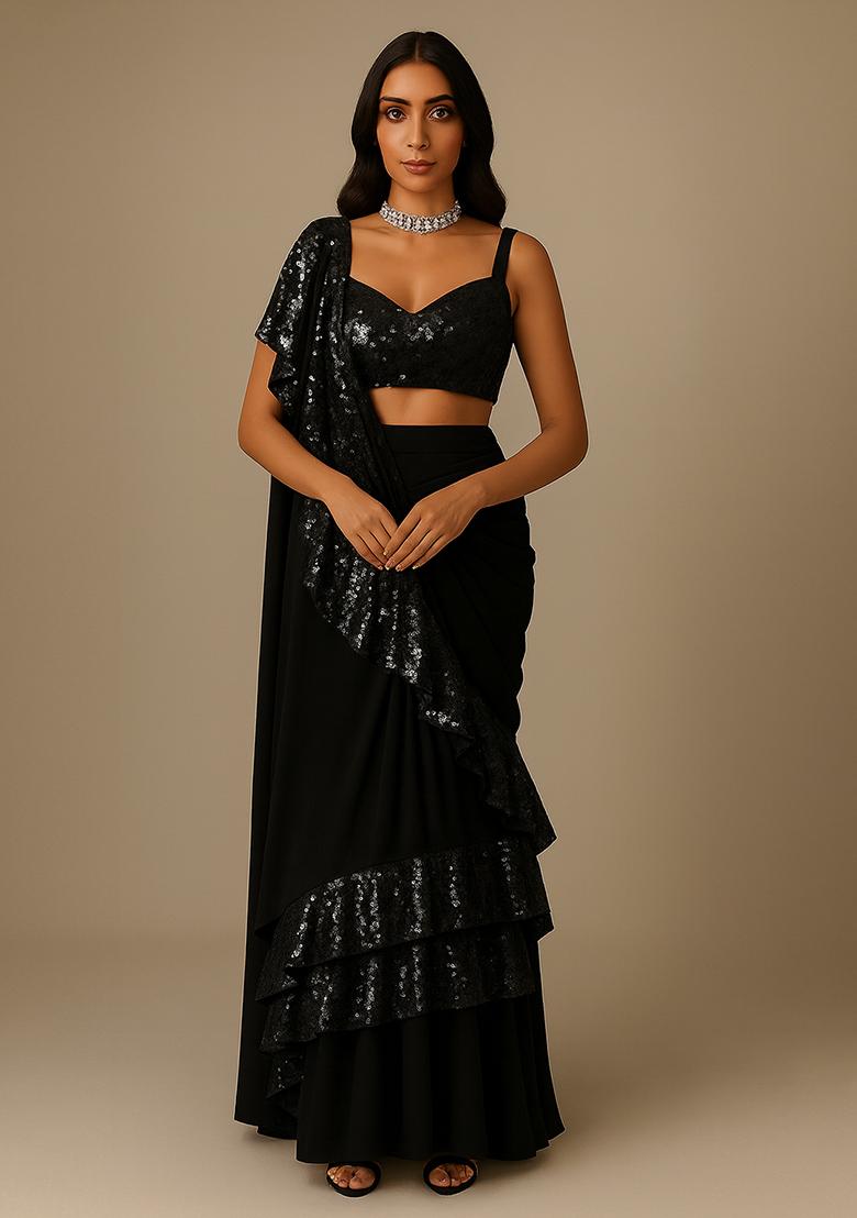 Grey Embellished Net Pre Draped Saree Set