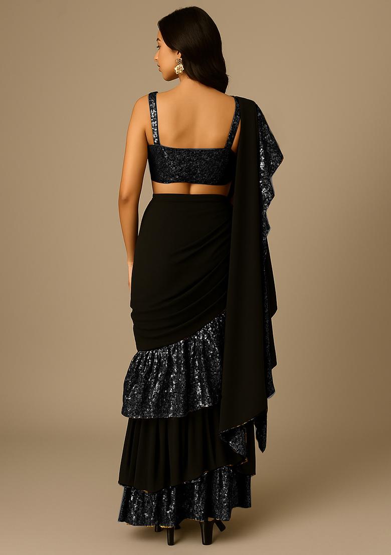 Grey Embellished Net Pre Draped Saree Set