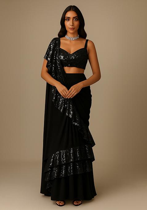 Grey Embellished Net Pre Draped Saree Set