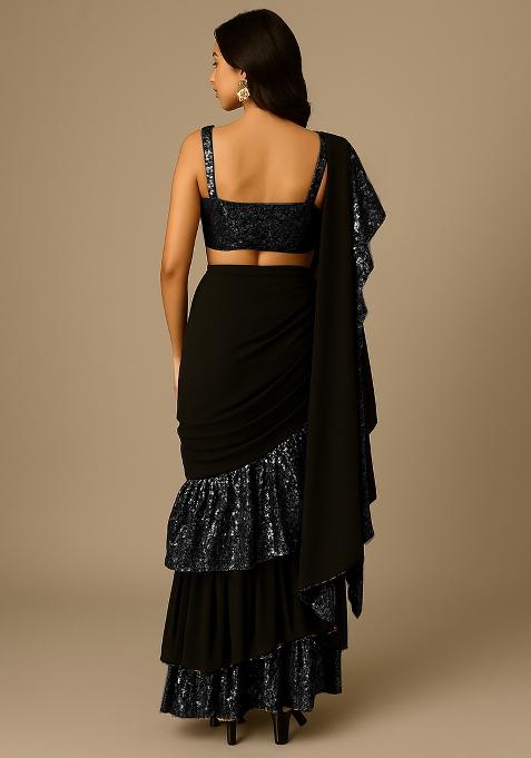 Grey Embellished Net Pre Draped Saree Set