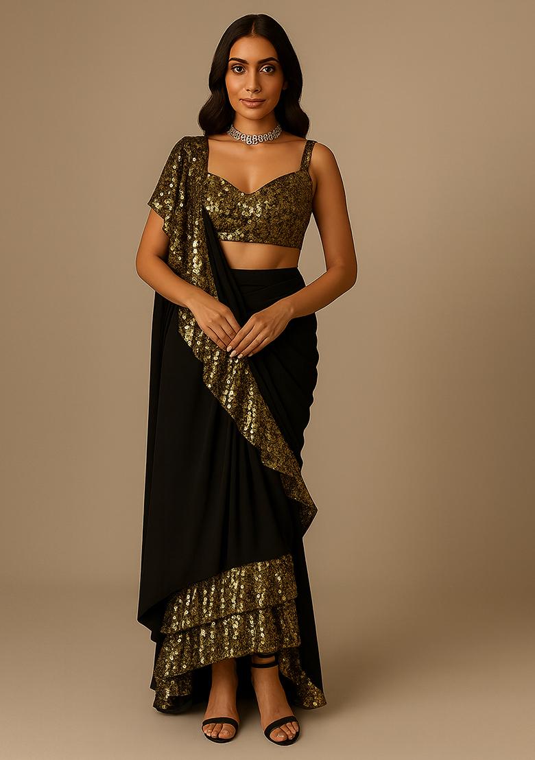 Golden Embellished Net Pre Draped Saree Set