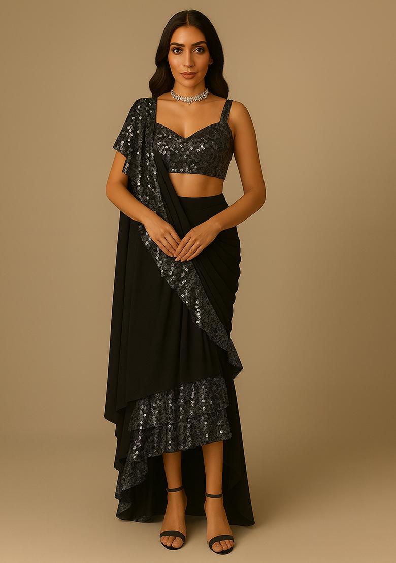 Chiku Brown Embellished Net Pre Draped Saree Set