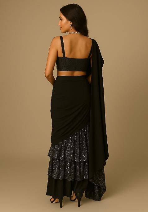 Chiku Brown Embellished Net Pre Draped Saree Set