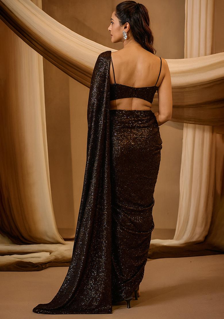 Golden Embellished Stretch knit Pre Draped Saree Set