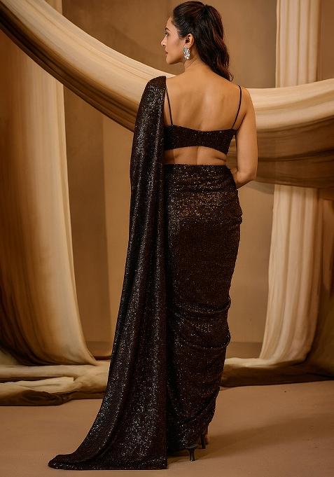 Golden Embellished Stretch knit Pre Draped Saree Set