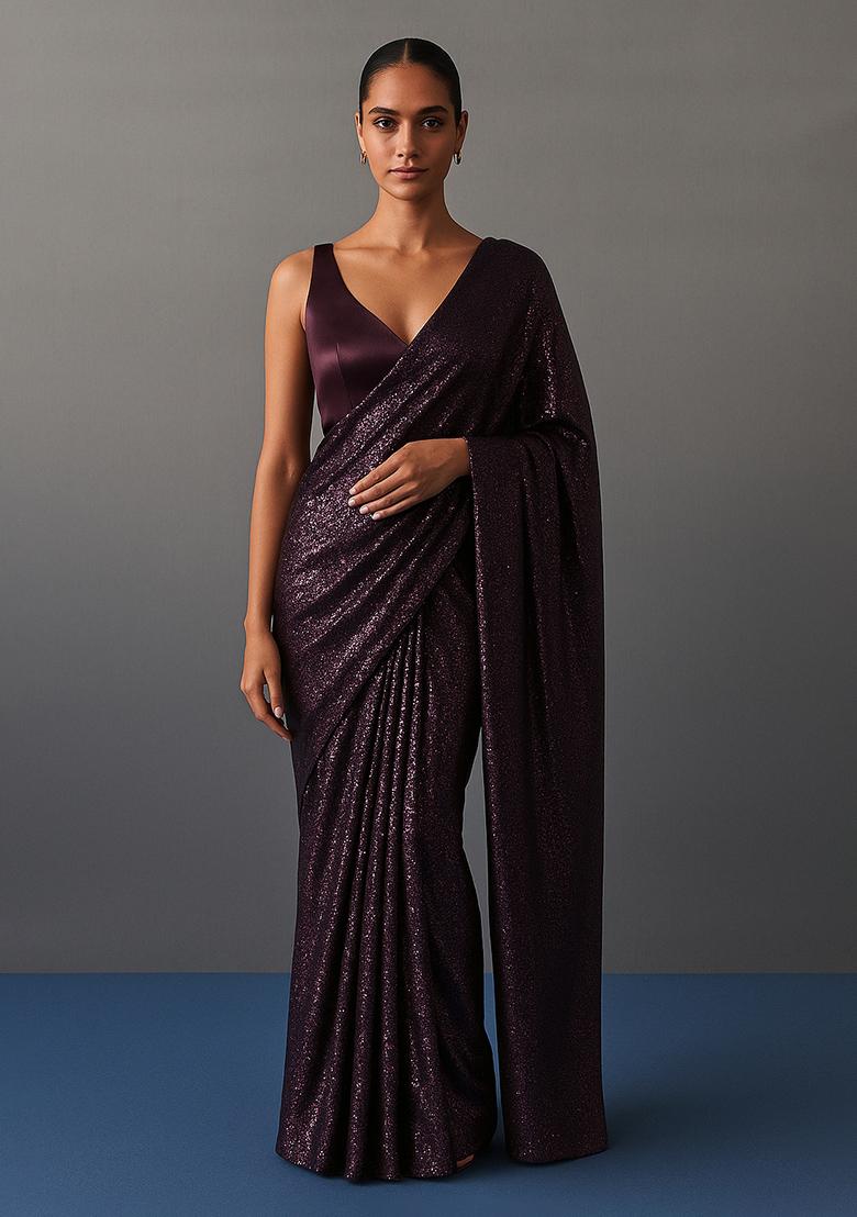 Black And White Embellished Metallic Knit Pre Draped Saree Set