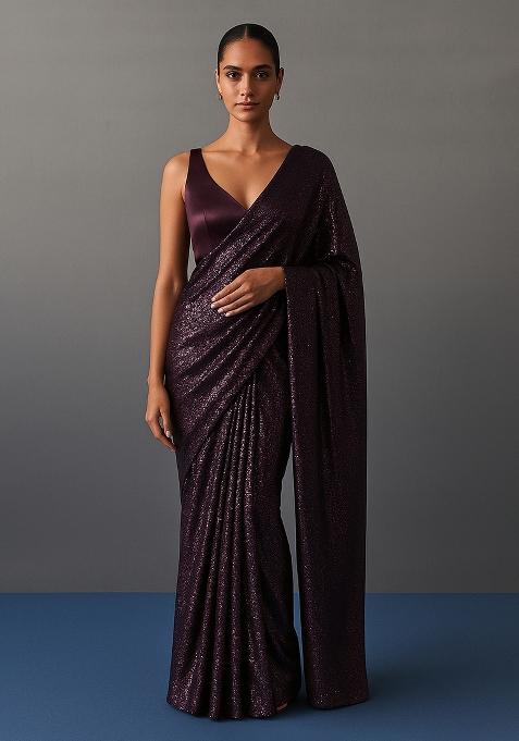 Black And White Embellished Metallic Knit Pre Draped Saree Set