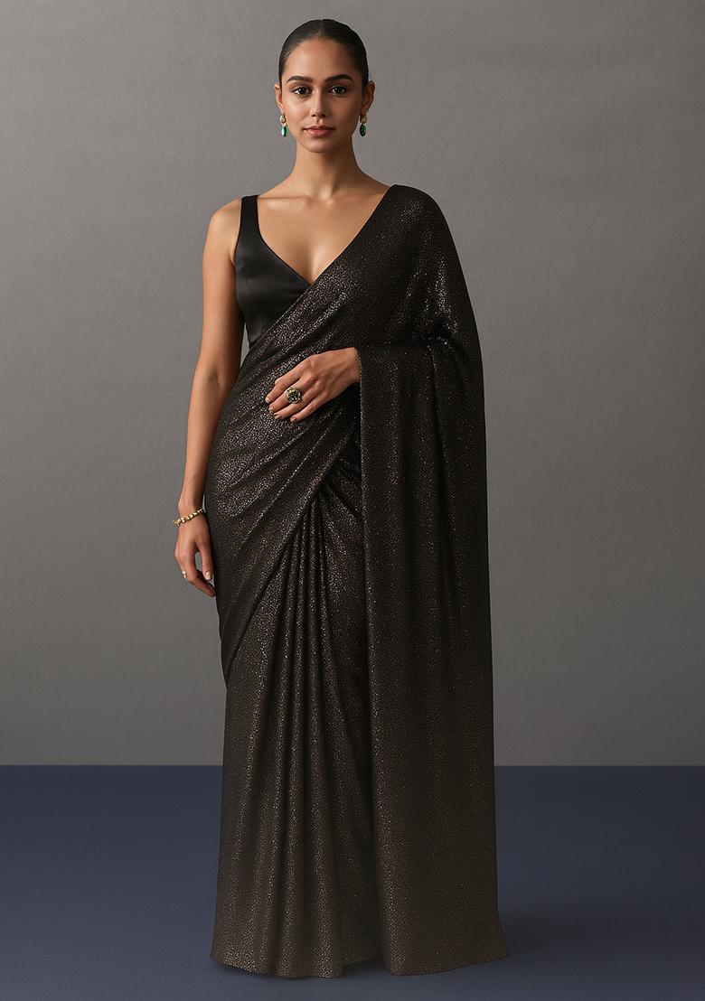 Copper And Black Embellished Metallic Knit Pre Draped Saree Set
