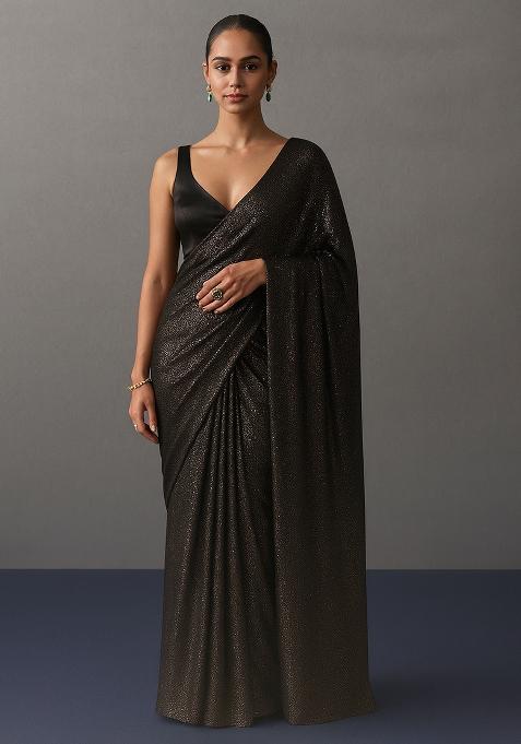 Copper And Black Embellished Metallic Knit Pre Draped Saree Set