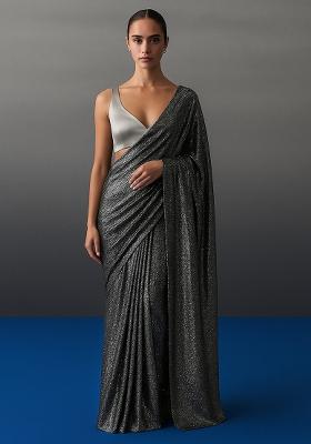 Black And Silver Embellished Metallic knit Pre Drapped saree