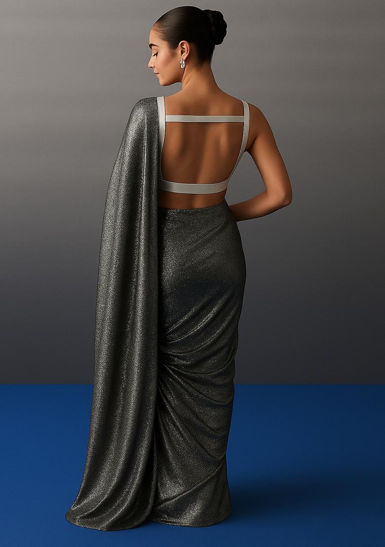 Black And Silver Embellished Metallic Knit Pre Draped Saree Set