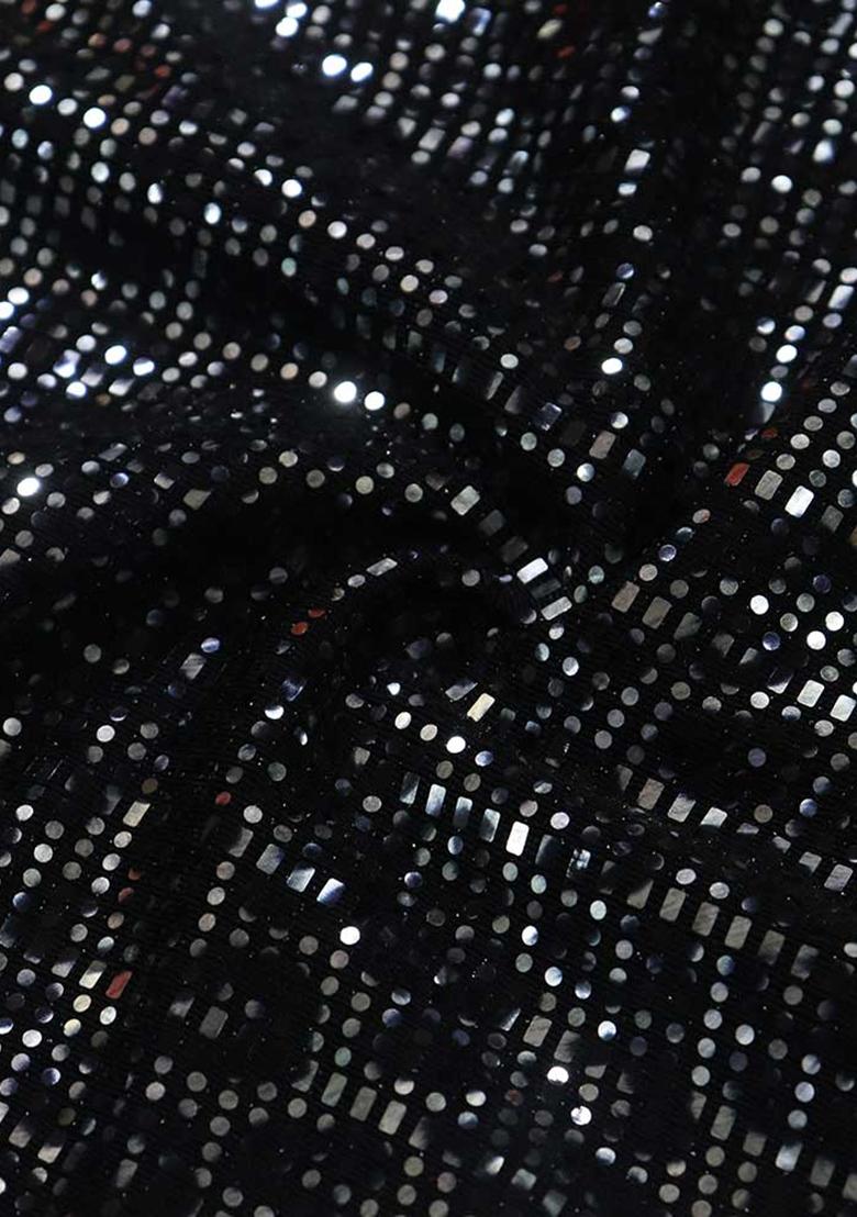 Black And Silver Embellished Metallic Knit Pre Draped Saree Set