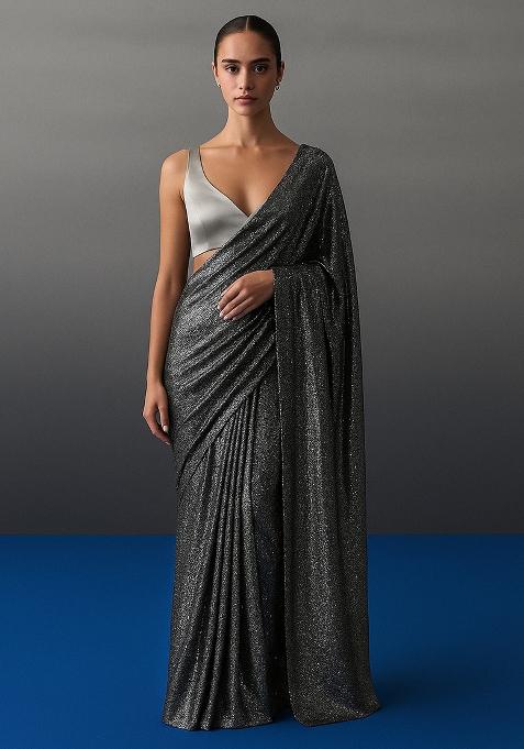 Black And Silver Embellished Metallic Knit Pre Draped Saree Set