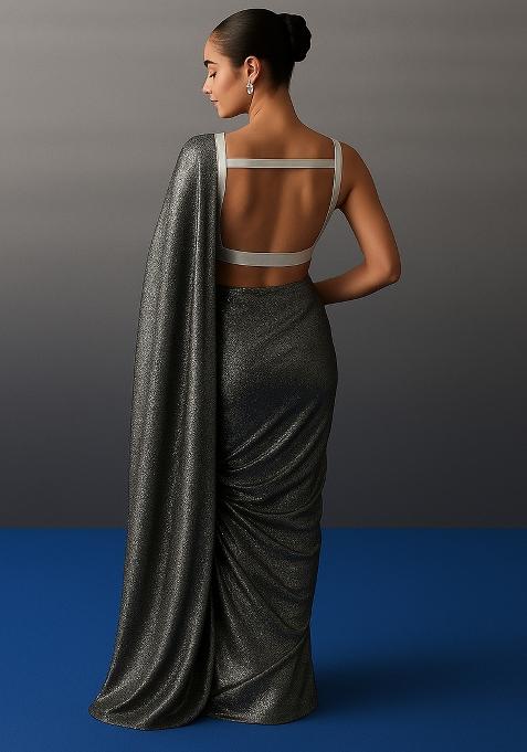 Black And Silver Embellished Metallic Knit Pre Draped Saree Set