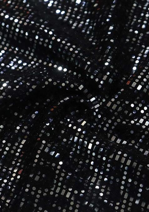 Black And Silver Embellished Metallic Knit Pre Draped Saree Set