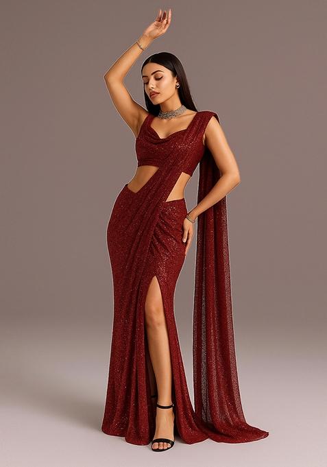 Maroon sequin Embellished Georgette Saree set