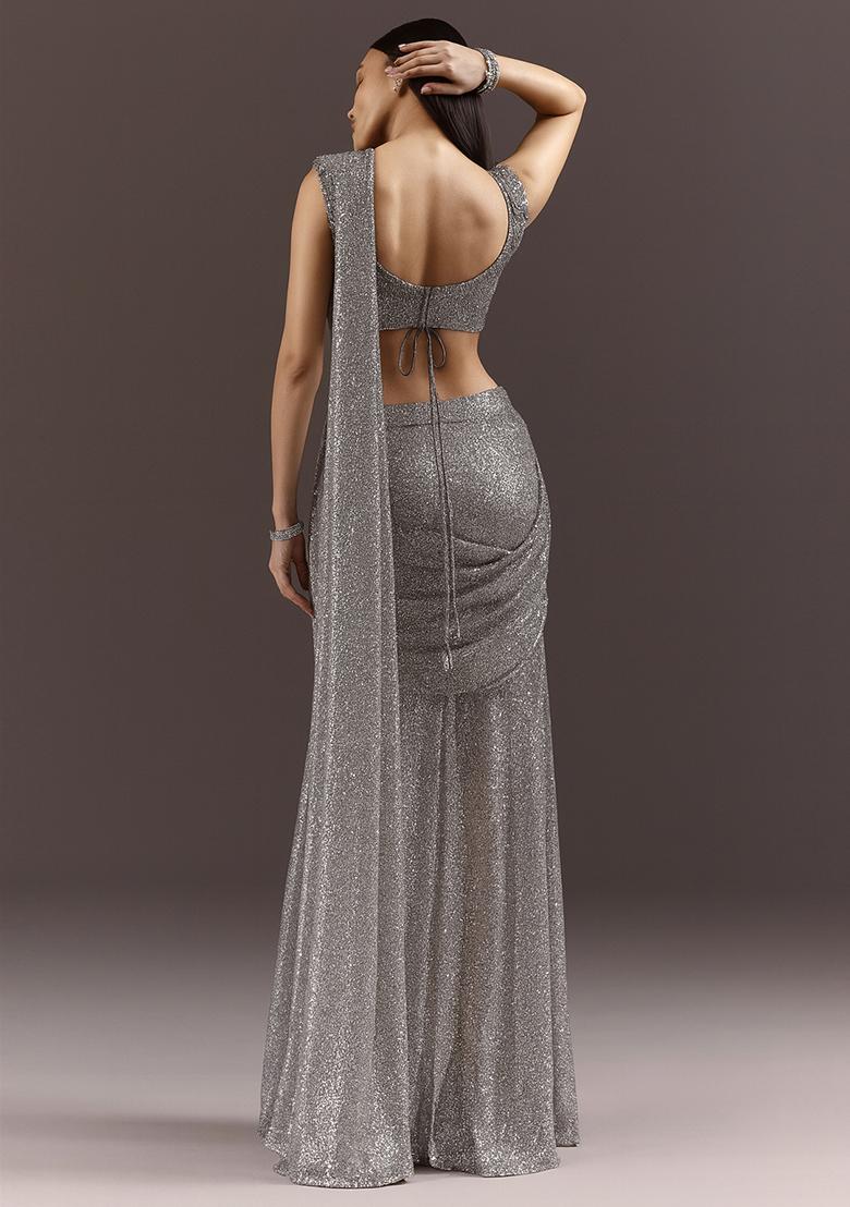 Grey Embellished Georgette Saree set - Indya