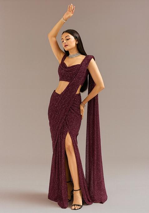 Wine Sequin Embellished Georgette Saree set