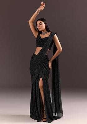Black Embellished Georgette Pre Draped Saree Set