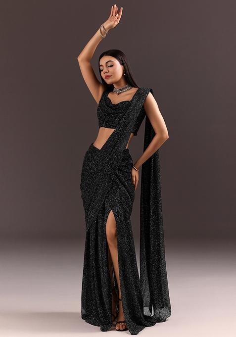 Black Embellished Georgette Pre Draped Saree Set