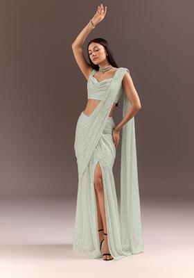 White Embellished Georgette Pre Draped Saree Set