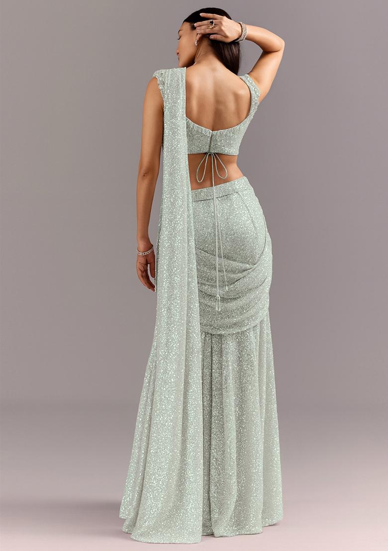 White Embellished Georgette Saree set - Indya