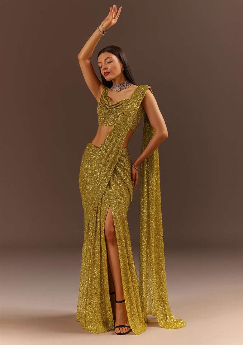Gold Sequin Embellished Georgette Saree set - Indya