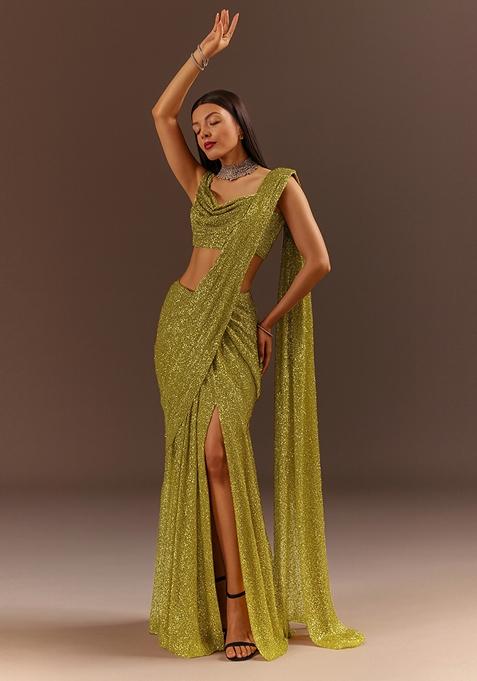 Gold Sequin Embellished Georgette Saree set