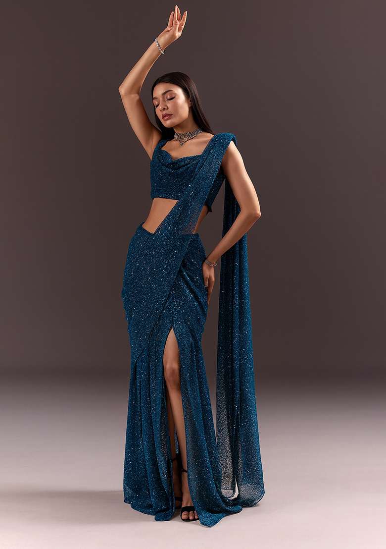 Blue Sequin Embellished Saree set - Indya