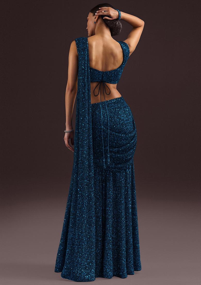 Blue Embellished Georgette Saree set - Indya