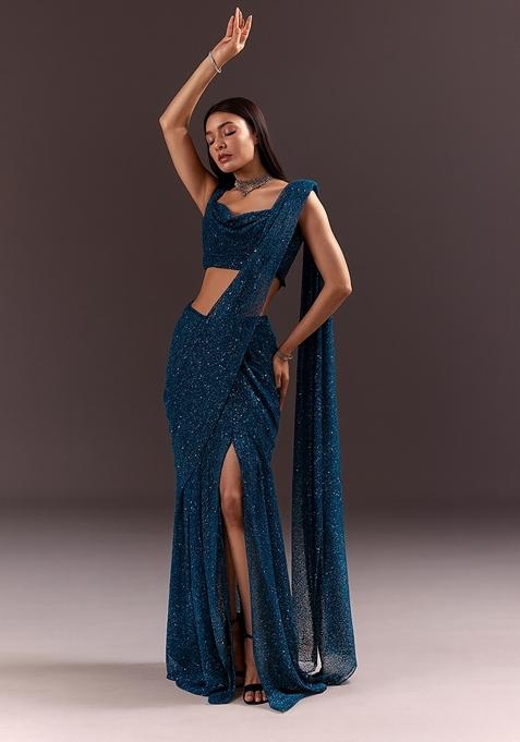 Blue Sequin Embellished Georgette Saree set