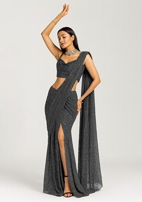 Dark Grey Embellished Georgette Saree set