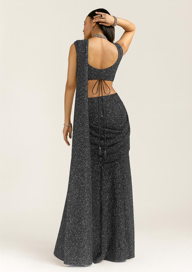 Dark Grey Embellished Georgette Saree set - Indya