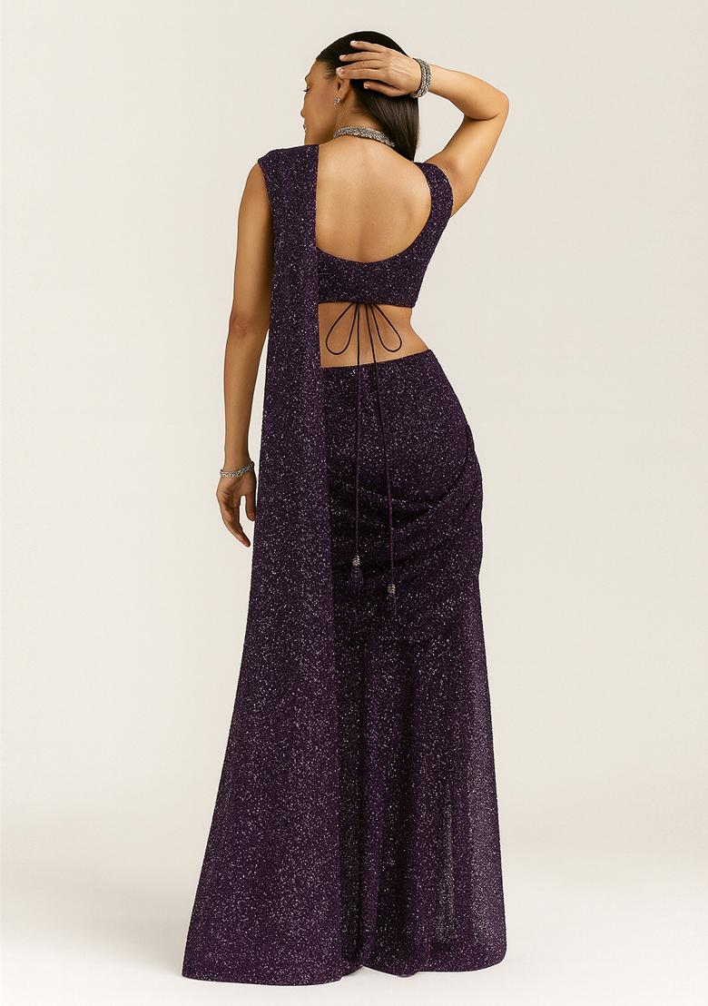 Purple Embellished Georgette Saree set - Indya