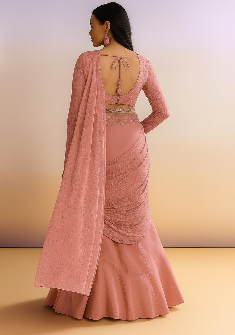 Baby Pink Embellished Net Saree set - Indya