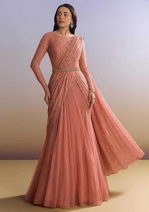 Baby Pink Embellished Net Pre Draped Saree Set