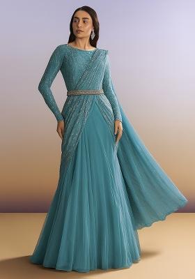 Blue Embellished Net Saree set