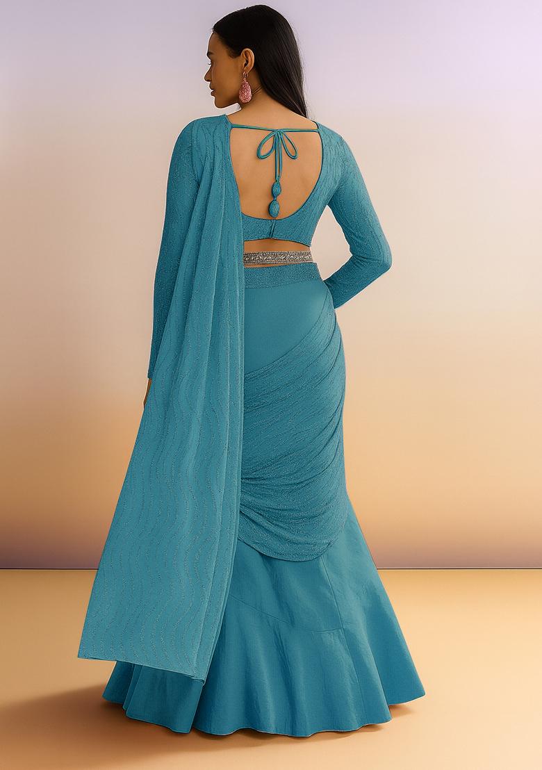 Blue Embellished Net Saree set - Indya