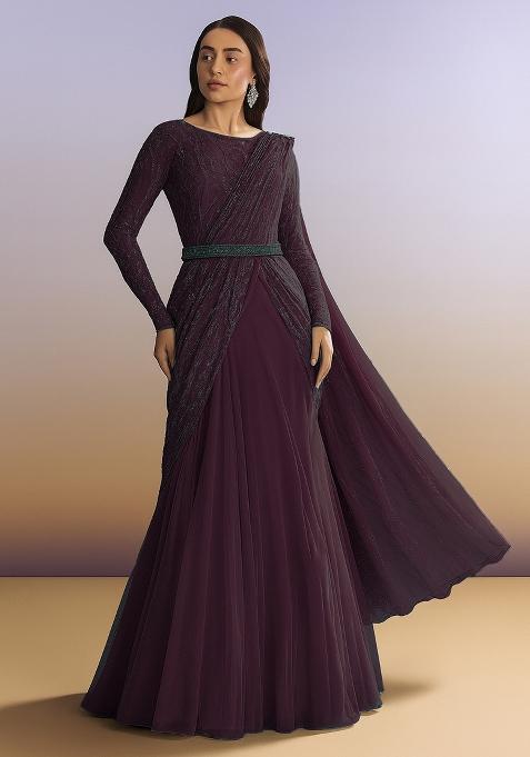 Purple Embellished Net Pre Draped Saree Set