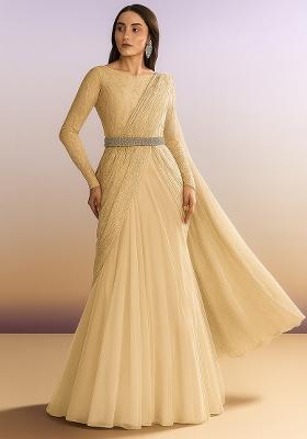 Beige Embellished Net Saree set