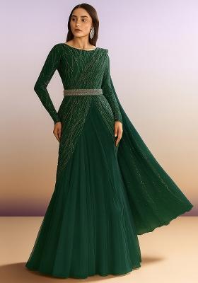 Bottle Green Embellished Net Pre Draped Saree Set