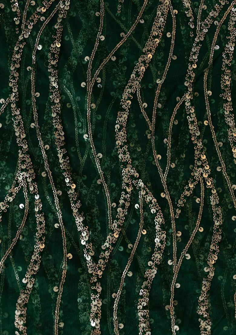 Bottle Green Embellished Net Pre Draped Saree Set