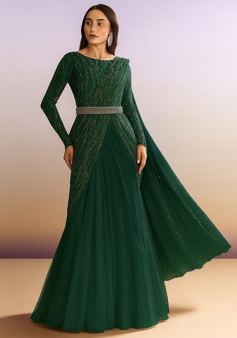 Bottle Green Embellished Net Pre Draped Saree Set
