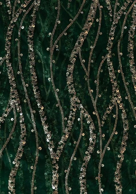 Bottle Green Embellished Net Pre Draped Saree Set