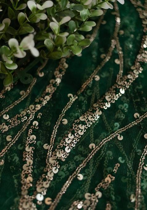 Bottle Green Embellished Net Pre Draped Saree Set