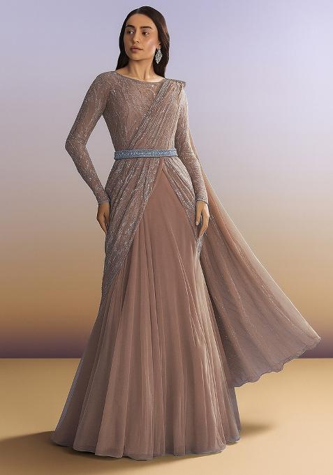 Gold Embellished Net Pre Draped Saree Set