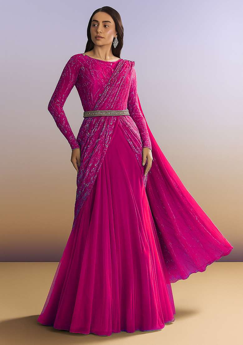 Fuchsia Pink Embellished Net Pre Draped Saree Set - Indya