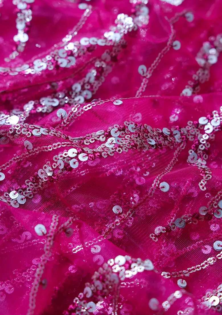Fuchsia Pink Embellished Net Pre Draped Saree Set - Indya